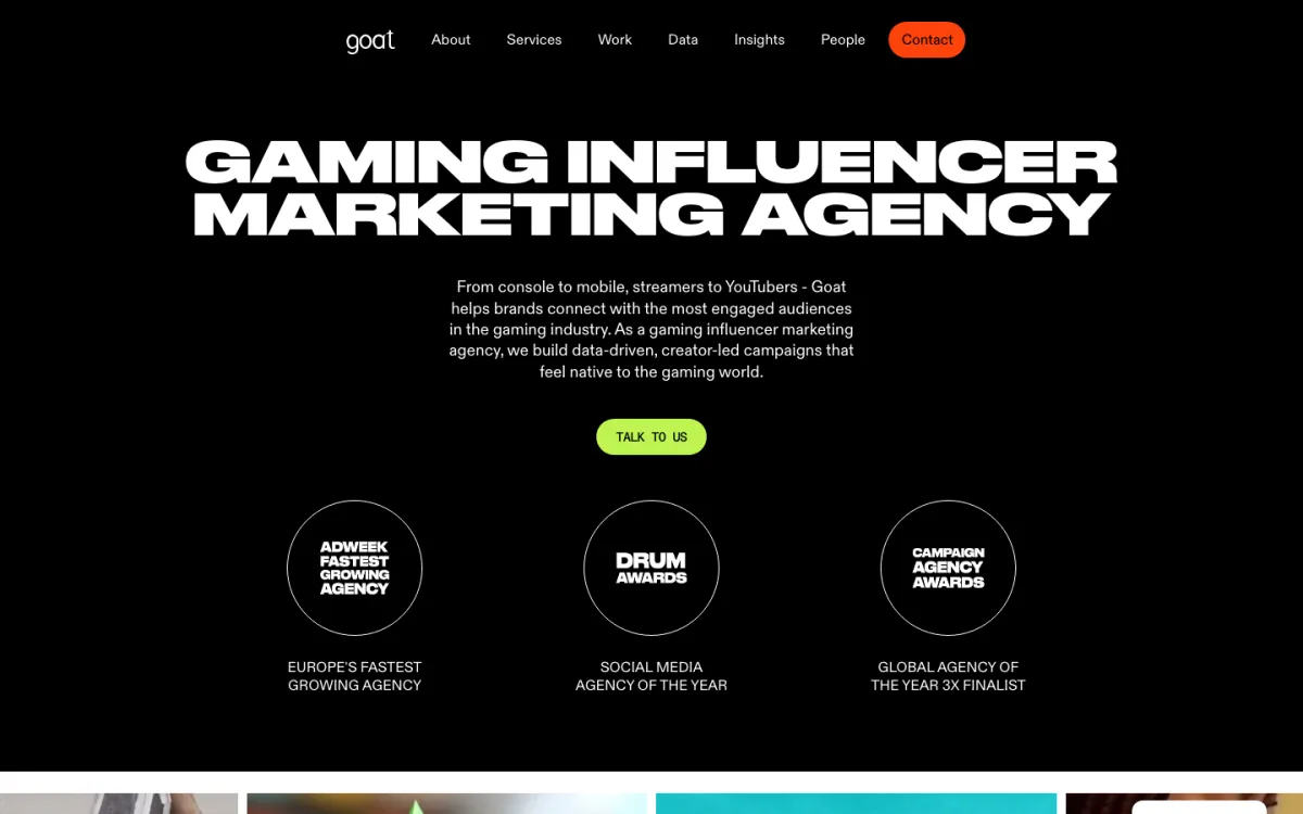 The Goat Agency gaming page — "Gaming Influencer Marketing Agency", August 2026