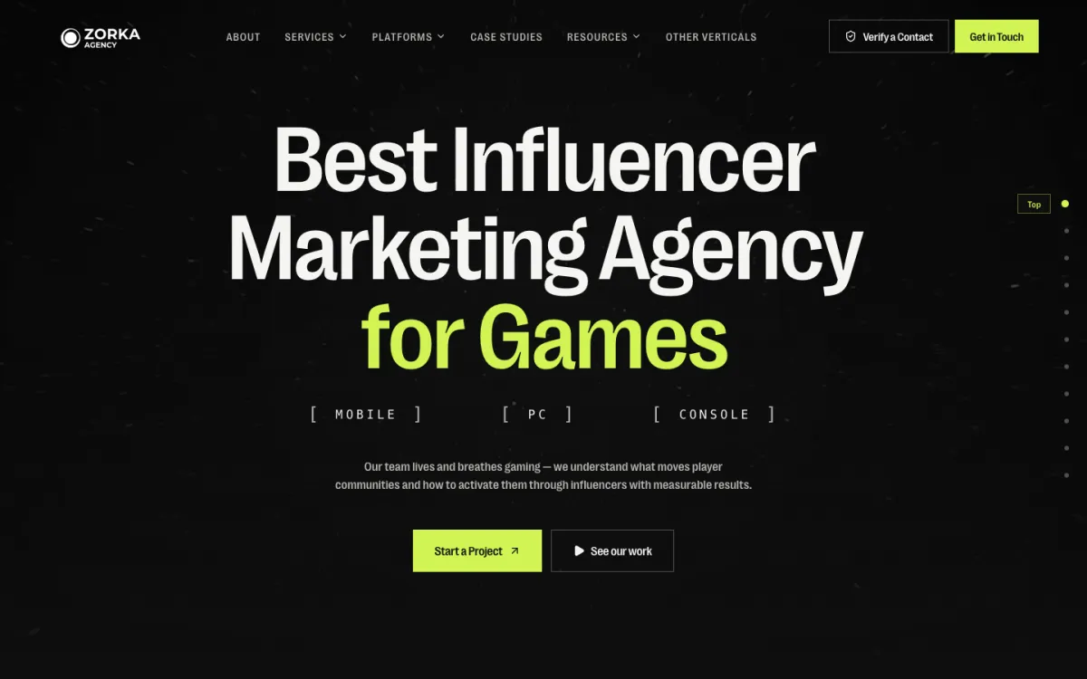 Zorka.Agency website — "Best Influencer Marketing Agency for Games", August 2026