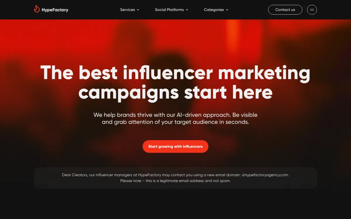 HypeFactory website — "The best influencer marketing campaigns start here", August 2026