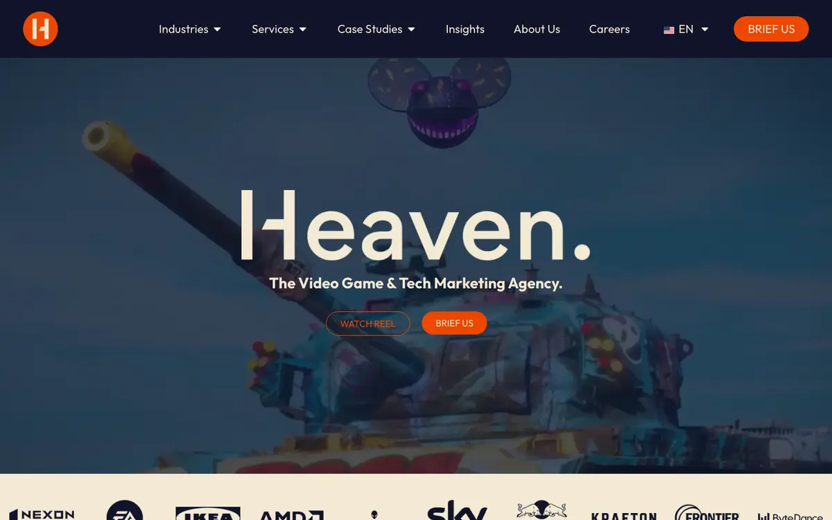 Heaven Media homepage — "The Video Game & Tech Marketing Agency.", October 2026