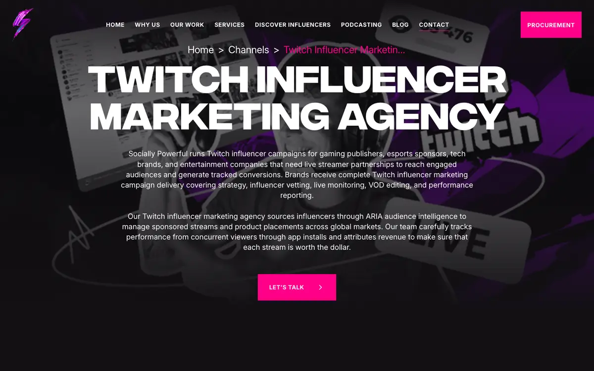 Socially Powerful Twitch page — "Twitch Influencer Marketing Agency", October 2026