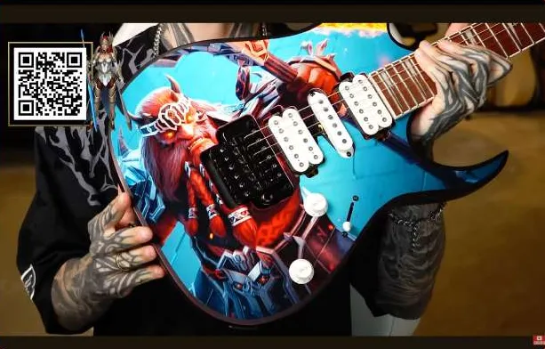 The custom Ibanez with Tholin Foulbeard artwork airbrushed across the body.