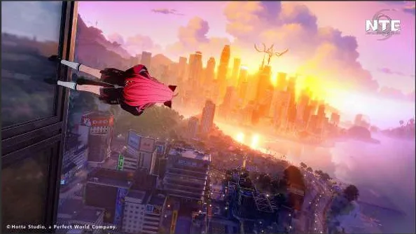 A character glides over a sunlit open-world city in Neverness to Everness.