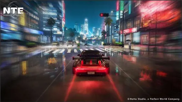 A sports car speeding through a rain-slicked neon street at night.
