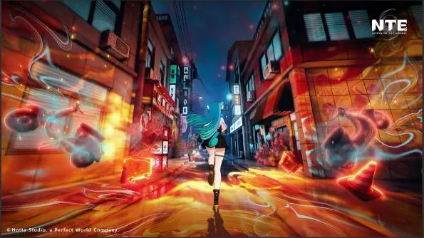 A character walking down a city street wreathed in supernatural flame effects.