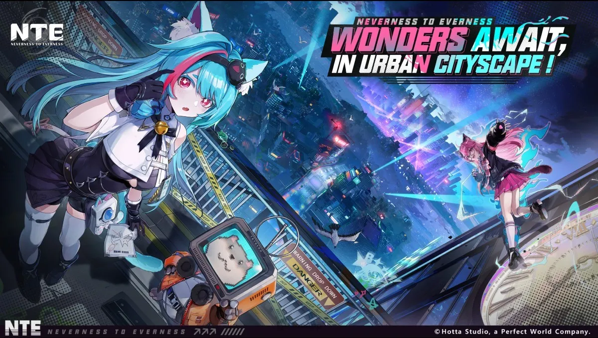 Neverness to Everness key art — two characters falling through a neon cityscape under the “Wonders Await, in Urban Cityscape” lockup.