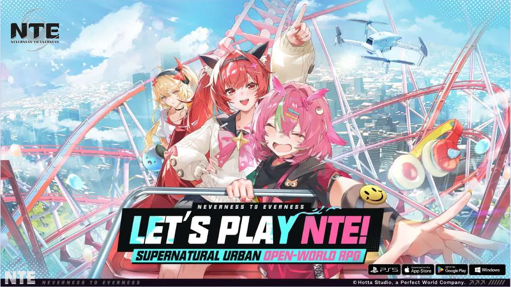 Let’s Play NTE key art — three characters on a rollercoaster above the city, with the Supernatural Urban Open-World RPG tagline.