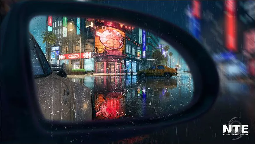 Neverness to Everness key art — a neon city street reflected in a rain-covered wing mirror.